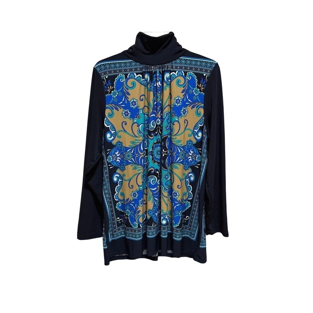 Marc Bouwer Pleated Mock Neck Blouse Black Blue & Gold Paisley Medallion Boho 1X